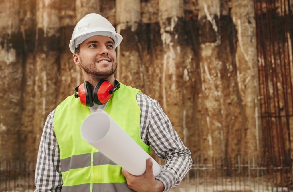 Confident construction worker with blueprint