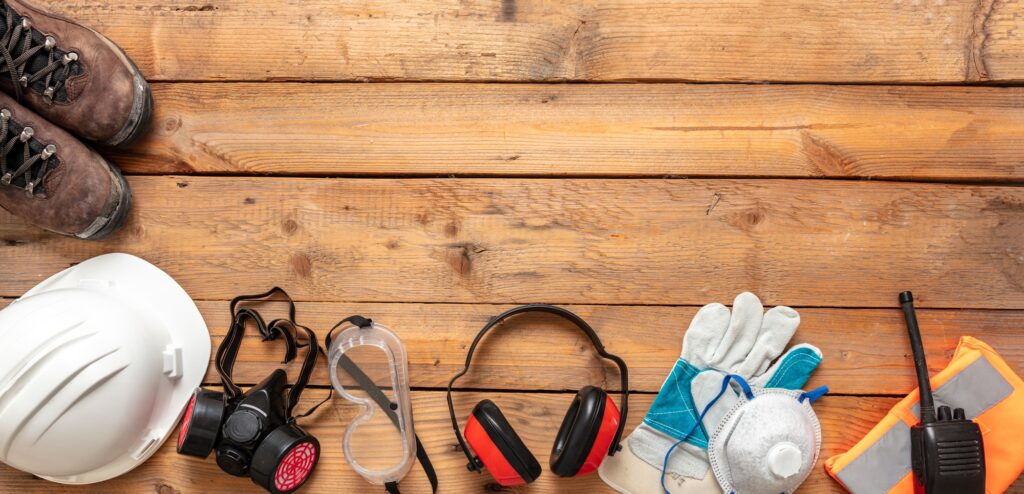 Labor personal protective gear for industry and construction site. Work health and safety.