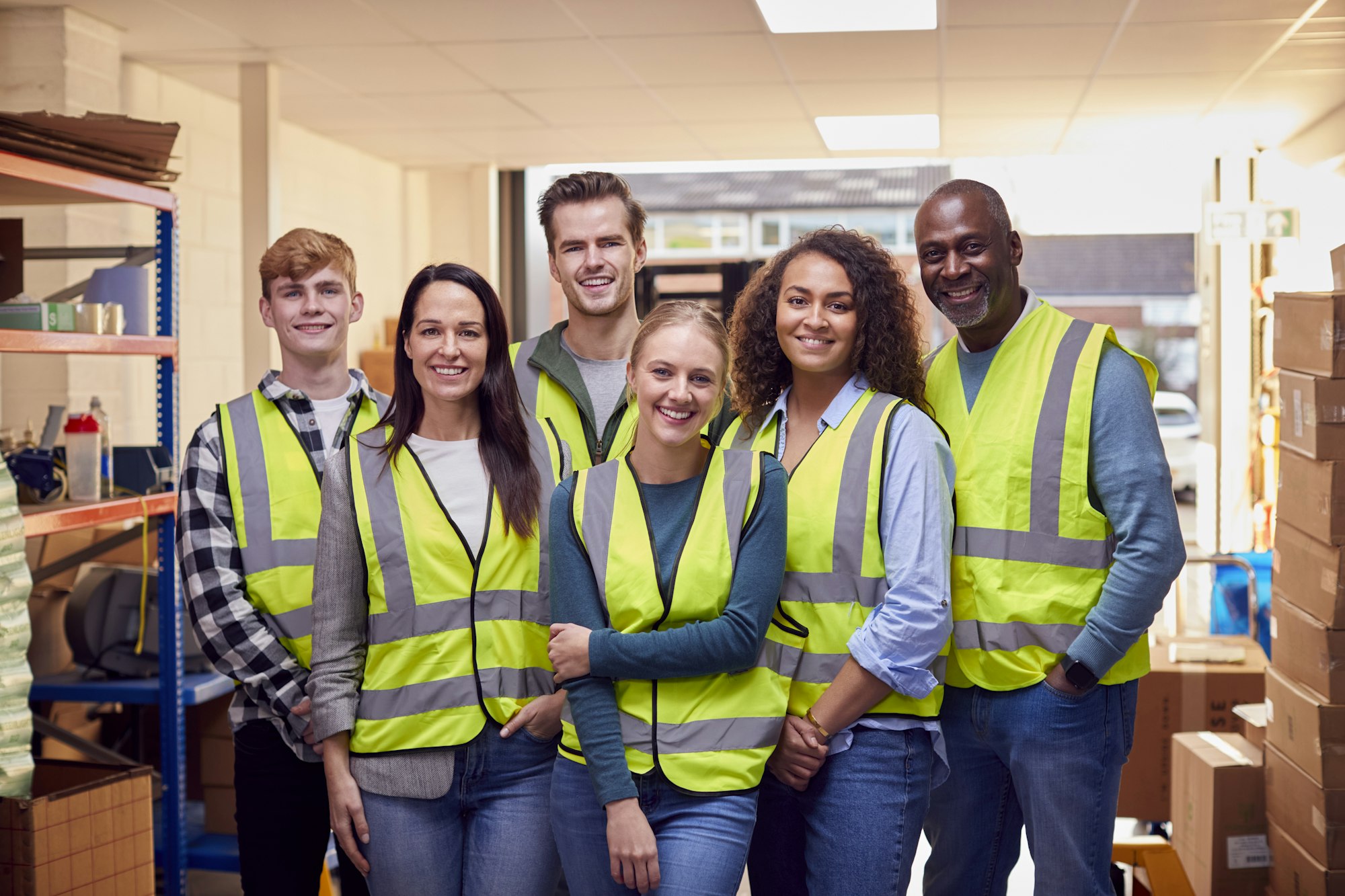 Portrait Of Multi-Cultural Team Wearing Hi-Vis Safety Clothing Working In Modern Warehouse