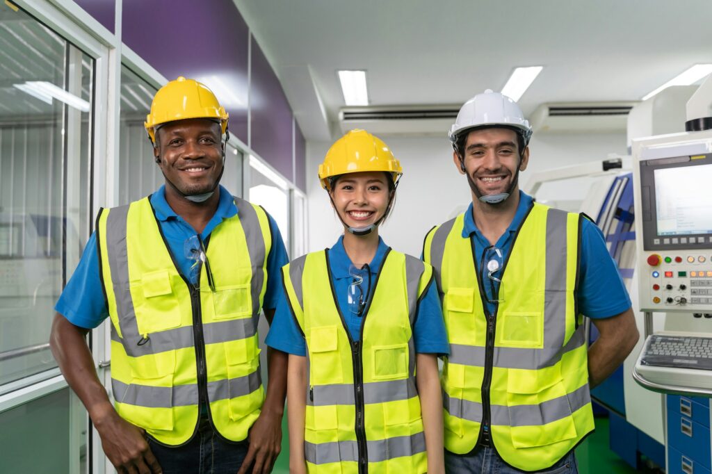 Portrait of team worker labor with machine in factory plant.