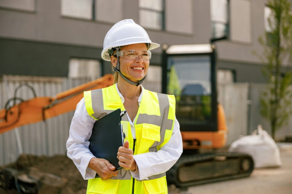 Smiling female construction worker in protective helmet standing against on construction background