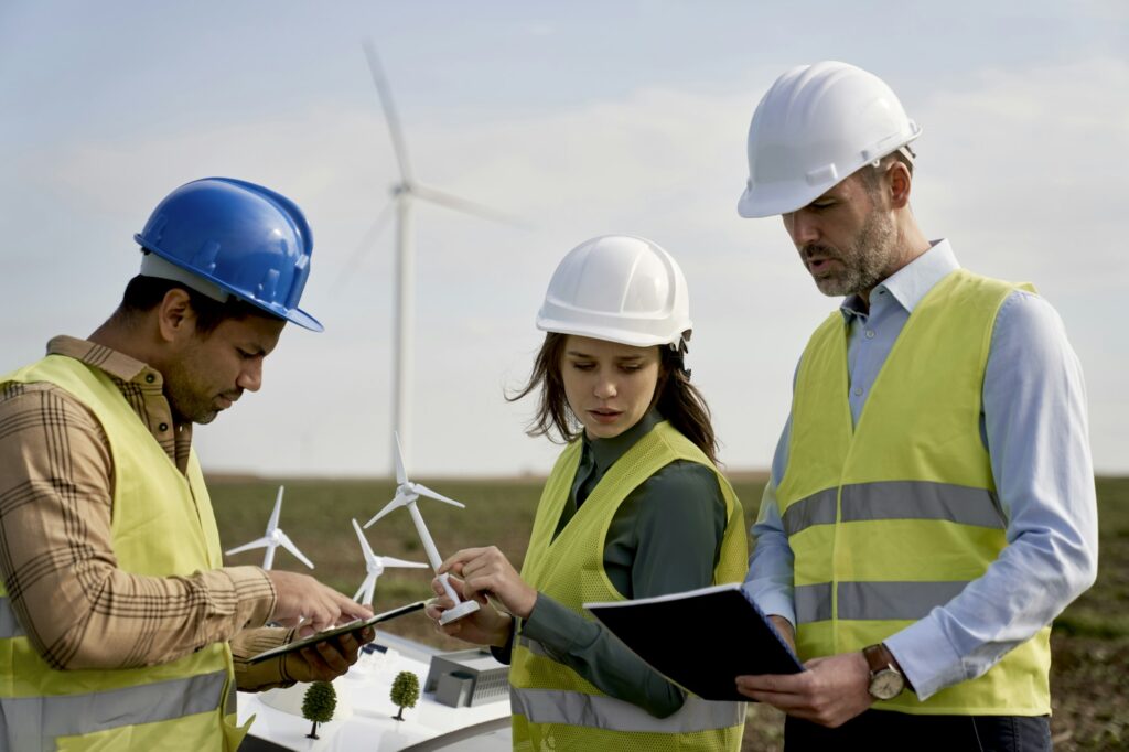 Team of caucasian and latin engineers standing on wind turbine field and discussing