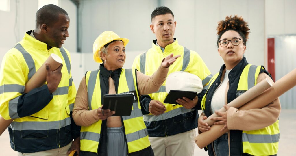 Engineering group, teamwork and people planning in warehouse inspection, construction or building d